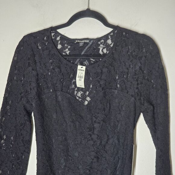 Express Dress  Stretch Round Neck Long Sleeve Cutout Back Floral Lace Vampire - Picture 2 of 8